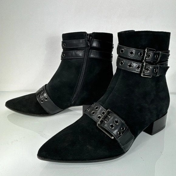 Napoleoni Black Suede Pointed Toe Adjustable Strap Detail Ankle Boots Size 37 - Picture 4 of 11